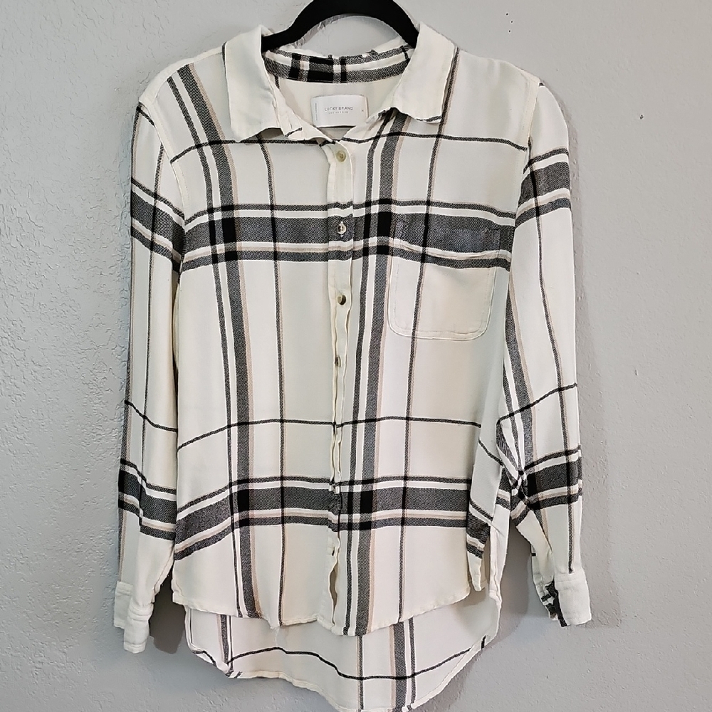 Lucky Brand Cream Black and Tan Plaid Button-Down Shirt, High Low Womens Medium - Picture 3 of 7